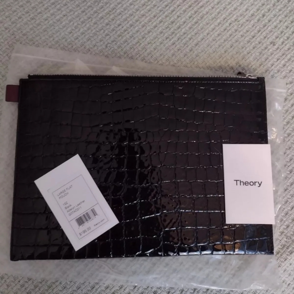 Theory Patent genuine leather Large Flat Pouch Clutch bag Black NWT
